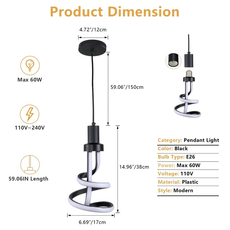 Cunfash Modern LED Pendant Light, Black Spiral LED Pendant Light