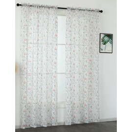 Humming Bird Butterfly Floral Design Slot Top White Voile Panel - 63" (160cm) Drop