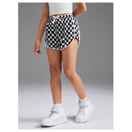 Floerns Girl's Plaid Print Track Shorts High Waisted Straight Leg Casual Shorts Black and White 10Y