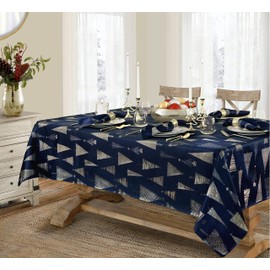 Newbridge Navy Blue and Gold Fancy Metallic Christmas Trees Fabric Holiday Tablecloth, Xmas Tree Contemporary Soil Resistant Easy Care Tablecloth, 60” x 102” Oblong/Rectangle, Navy/Gold