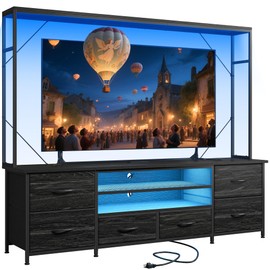 Romorgniz 55" W Entertainment Center with LED Lights & Power Outlets, TV Stand with 6 Drawer for up to 60 Inch, TV Stands for Living Room, Bedroom Black
