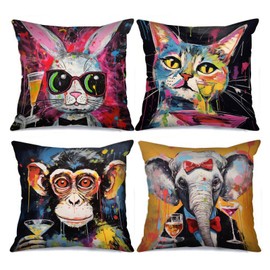 Tucocoo 4 Pcs Funny Animal Square Throw Pillow Covers 18x18 Inches,Cute Rabbit Cat Decorative Throw Pillow Covers for Sofa Car Monkey Elephant