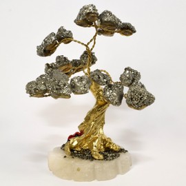 4.4" 160g Pyrite Stone Tree on White Onyx Base Stunning Collectible Mineral Figurine Natural Pyrite Clusters Leaves Handcrafted Decorative Crystal Statuette - Peru