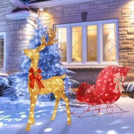 Lighted Christmas Decorations Reindeer & Sleigh 2 Pcs, HOYECHI Light up Christmas Decor Deer Set for Indoor Home Outdoor Front Yard Porch with LED Lights, Extension Cord, Plug, Ground Stakes - Gold