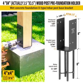 AECXM 4"x4" (Actually 3.5"x3.5") Heavy Duty U-Shaped Fence Post Holder Bracket, Wet Concrete Post Bracket, for Deck railings, Fences, mailboxes, gazebos Wet Concrete Foundation Support (Black-4Pack)