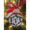 Rustic Initial Monogram"T" Holly Wood Slice Ornament