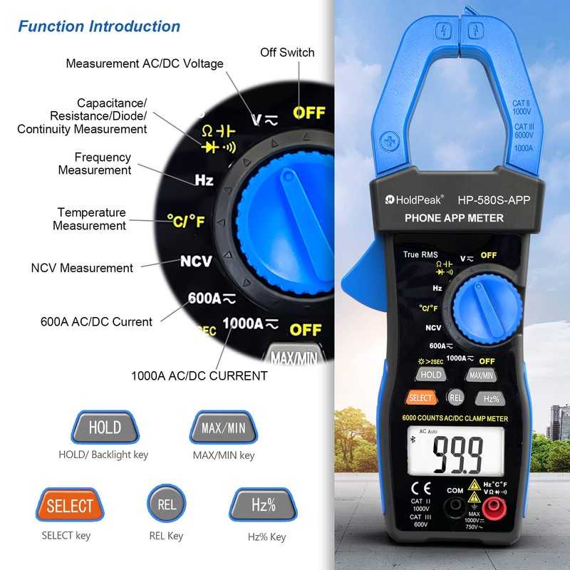 H HOLDPEAK Digital Multimeter 580S-APP, Bluetooth Clamp Meter 6000 Meter