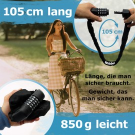 WIDDER Bicycle Lock with Combination Code [Extra Large Number Wheels, 5 Numbers] - Only 850 g Combination Lock - Bicycle Chain Lock High Security - E Scooter Lock E-Bike & for Children with Number