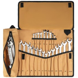 Wrench Roll Organizer (NOT for Ratcheting Wrench),Wrench Roll Up Pouch with 23+1 Pockets,Heavy Duty Tool Roll for Metric & SAE Wrenches,Large Wrench Holder Organizer Bag for Men,Mechanics(Brown)