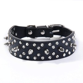 haoyueer Spiked Studded Dog Collar Stylish Leather Dog Collar, with Bullet Rivets and Rhinestones, Soft and Adjustable for Medium and Large Dogs(Black,M)