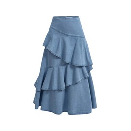 SHENHE Women's Layered Ruffle Denim Maxi Skirt A Line High Waist Flowy Long Jean Skirt Light Wash Large