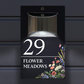 Custom Signs Solar Illuminated Modern Anthracite House Number Sign 24cm x 14.5cm Corner Flower Meadows Design
