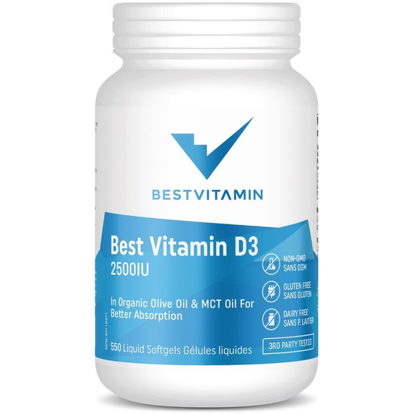 BestVitamin Best Vitamin D3 2500IU Extra Strength Softgels  (In Organic Olive Oil & MCT Oil For Better Absorption), 180 Softgels