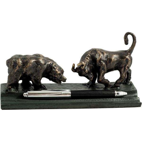 Wall Street -Bronze Sculpture Bull and Bear -Double Pen Holder