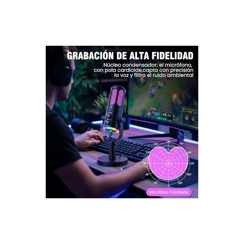Micrófono PC Condensador USB, Microfono para Gamer, RGB, Reducción ENC