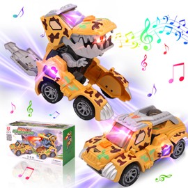 KJIXYUNG Automatic Dinosaur Transformation Car with Music and LED Light - Transformation Cars for Boys - Deformed Dinosaur Car Toy for Children Aged 3-5 Years - Birthday