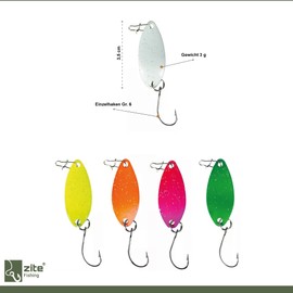 Zite Fishing Trout Spoon Set Neon Trout Fishing - 5 Trout Blinkers Ultra Light in Bait Box - 4 x UV Active - 3.5 cm 3g