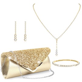 RIOSO Gold Jewelry Set for Women Evening Rhinestone Clutch Purse Bag Necklace Earring Bracelet Formal Prom Wedding Accessories Costume Jewelry Sets
