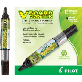 PILOT V Board Master BeGreen Refillable Dry-Erase Markers, Chisel Tip, Black Ink, 12 Count
