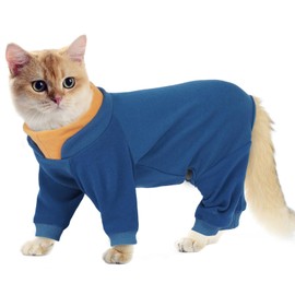 Hjumarayan Cat Onesie, Full Coverage Warm Fleece Jumper with Four-leg Sticky Hair Clothes, Soft Long Sleeve Cat Recovery Suit Stretchy Body Suit to Stop Licking, Blue L