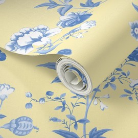 Peel & Stick Wallpaper Swatch - Pale Yellow Chinoiserie Dowager Floral Pastel Blue Flowers Butterfly Custom Removable Wallpaper by Spoonflower