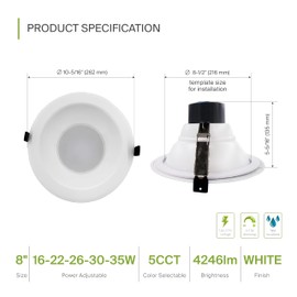 ASD Commercial LED Downlight 8 Inch, Round Power Adjustable Downlights 16/22/26/30/35W, Canless LED Recessed Lighting 120-277V, 5 CCT 2700K-5000K, Dimmable Ceiling Light Fixture, IC Rated, White, ETL