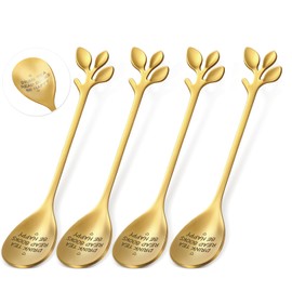 Maxdot 4 Pcs Drink Tea Read Books Be Happy Spoon for Tea Lover Elegant Gold Leaf Spoons 4.7" Mini Stainless Steel Spoon for Book Lover Readers Friend Women Men Birthday Graduation Holiday Gifts