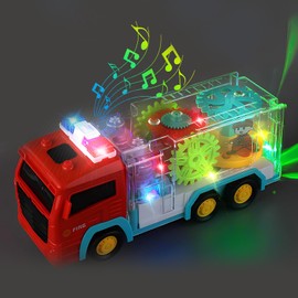 Light Up Sensory Car Toy for Kids,Transparent Gear Fire Truck Toy with Colorful Moving Gears Music and Lights Effects,Educational Tummy Time Toys for Boys and Girls