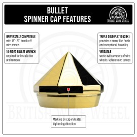 British Wire Wheel 10-sided Bullet/Diamond Gold Knock Off Spinner Cap for Lowriders | Single - Left / Driver