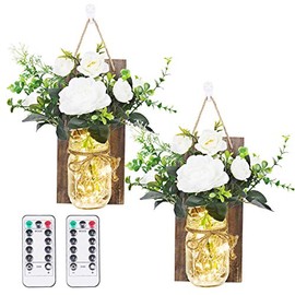 Anpro Rustic Wall Sconces - Mason Jars Sconce, Rustic Home Decor,Wrought Iron Hooks, Silk Hydrangea and LED Strip Lights Design 6 Hour Timer Home Decoration (Set of 2)