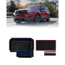 FIILINES Center Console Organizer for Ford Explorer 2020-2024, Armrest Storage Box ABS Console Insert Tray Container Accessories Center Console Tray with Red Blue Mats