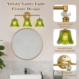 sunkryster Vintage Gold Bathroom Vanity Light Fixture, 3-Light with Rose Pattern Green Glass Shade, Retro Brushed Gold Finish