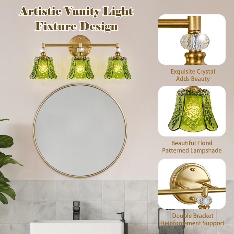 sunkryster Vintage Gold Bathroom Vanity Light Fixture, 3-Light with Rose