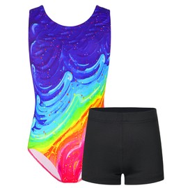TENVDA Girls Gymnastics Leotards Size 6-7 Years Old Colorful Wave Sleeveless Tumbling Outfit Athletic Bodysuit Matching Shorts