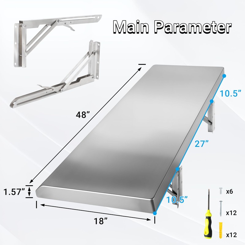 Toriexon Folding Concession Shelf 48" x 18", Stainless Steel Drop
