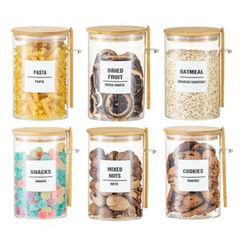 HeipokLife 6 Pack 37 oz Glass Storage Containers with Lids – Glass Canisters Airtight Transparent Jars for Spice,Sugar,and Flour Storage,includes 168 Pantry Labels & Spoons,Stackable Design