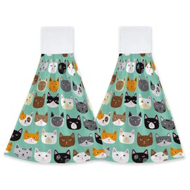 susioy Cute Cat Kitten Head Hand Towels with Loop Set of 2 Fast Drying Hand Tie Towel Soft Kitchen Tea Dish Cloth Towels for Bathroom Farmhouse Home Decor