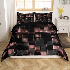 Funda de edredón negra y rosa claro, moderna funda de edredón geométrica, cubos de neón degradado, juego de cama individual para niñas, juego de cama cuadrado abstracto de cuadrícula geométrica,