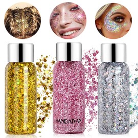 Body Glitter Gel, Hillylolly 3 Pieces Chunky Glitter Gel, Glitter Face, Festival Glitter Gel, Make Up Glitter, Glitter Body, Glitter Gel Hair, Glitter Make-Up, for Stage, Festival, Party Makeup