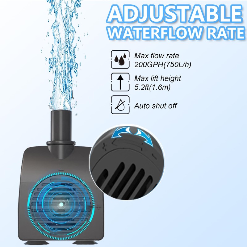 Submersible Pump 200GPH with AUTO-Shut-Off 5.2ft High Lift for Fountains,