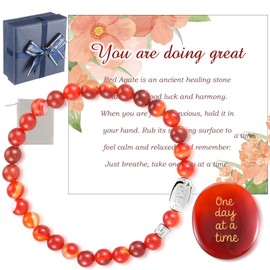 Landical One Day at a Time Agate Healing Crystals Gift Set Red Agate Calming Bracelet Inspirational Palm Stone Thinking of You Gifts Anxiety Relief Items Stress Relief Sobriety Gifts for Women Men