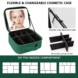 MORMID Makeup Bag with Led Mirror,Large Vanity Makeup Cases with 3 Color Setting,Portable Storage and Adjustable Dividers,for Women and Makeup Artists Cosmetic Organizer Travel Makeup Bag-Dark Green
