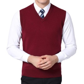 FULIER Mens Winter V-Neck Sleeveless Vest Classic Business Gentleman Knitwear Knitted Waistcoat Sweater Cardigans Tank Tops (X-Large, Red)