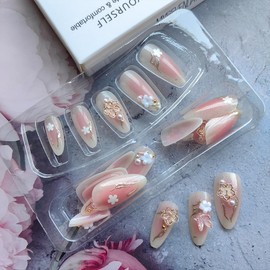 24Pcs Almond Press on Nails Medium Stiletto Fake Nails Flower Butterfly Charms Glue on Nails French Nails Tip False Nails Gradient Pink Stick on Nails Reusable Artificial Acrylic Nails for Women