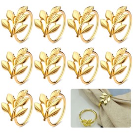 LINGJIA Pack of 10 Napkin Rings, Napkin Clips, Napkin Rings in Gold, Napkin Rings in Rose Gold, Hollow Napkin Rings, Leaf Shaped Napkin Rings for Birthdays, Party (Gold, 1)