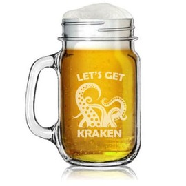 16oz Mason Jar Glass Mug w/Handle Gift Let's Get Kraken Funny