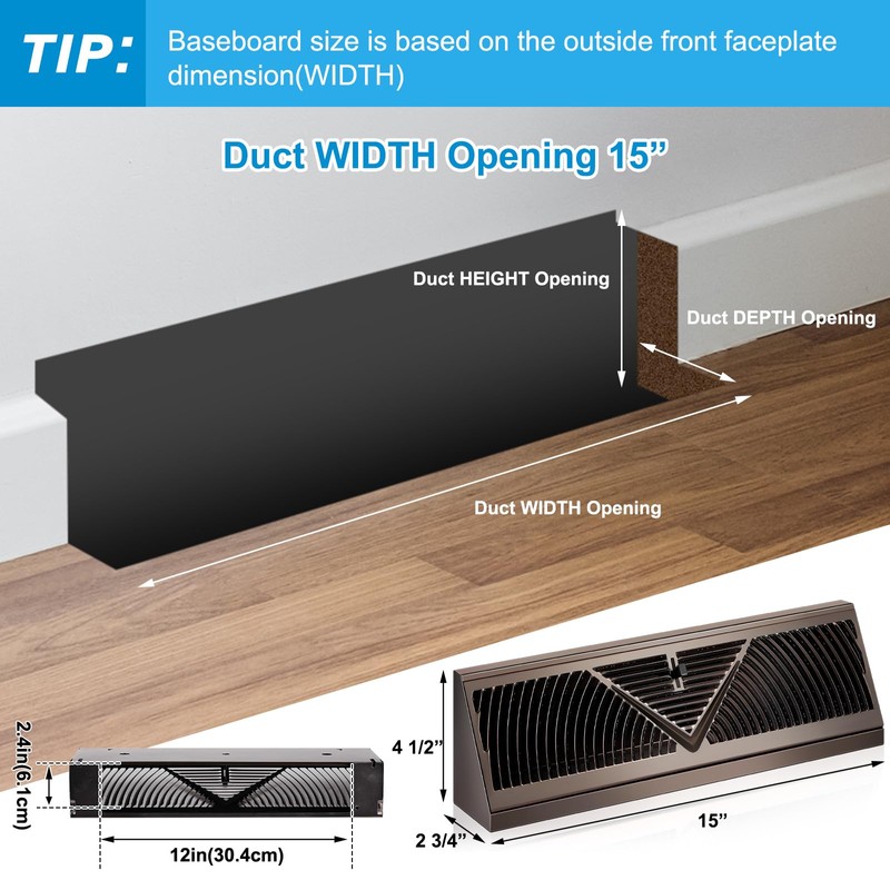 Yaocom 4 Pack 15 Inch Baseboard Register Duct Opening Size