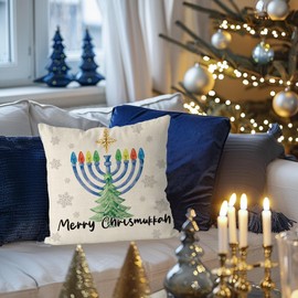 GAGEC Hanukkah Pillow Covers 18 x 18 Inch Christmas Tree Menorah Throw Pillowcase Winter Home Decor Living Room House Decorative Cushion Case for Sofa Couch