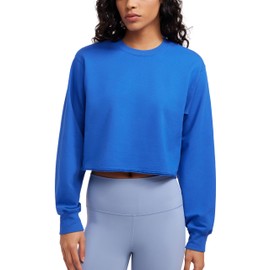 CRZ YOGA Womens Fleece Cropped Sweatshirts Crewneck Long Sleeve Double Raw Hem Workout Casual Pullover Tops Sparkle Blue Small