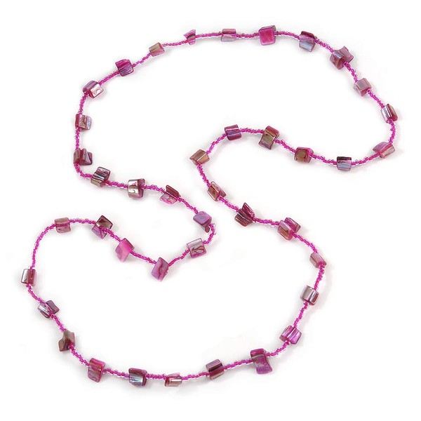 Avalaya Long Magenta Glass Bead, Sea Shell Nugget Necklace/100cm L